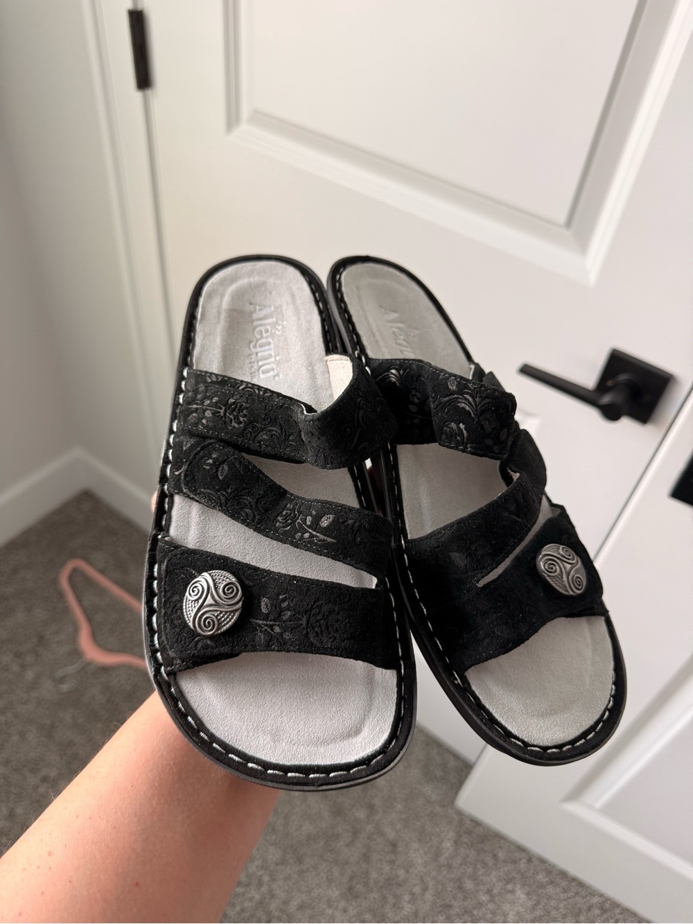 Alegria Black Triple-Strap Embossed Slide Sandals with Silver Buttons